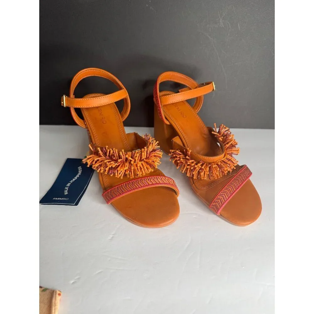NIB FARM Rio Pink Shiny Heeled Sandal Beaded Fringe Embroidered US 8 EU 39